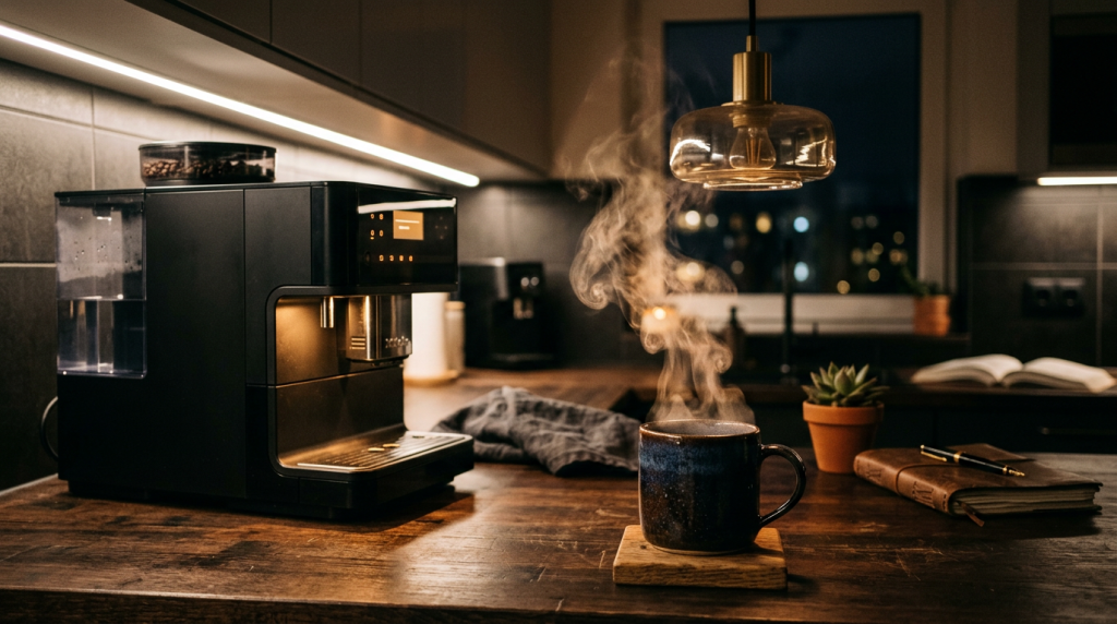 Automatic coffee machine beside a steaming mug on a wooden countertop