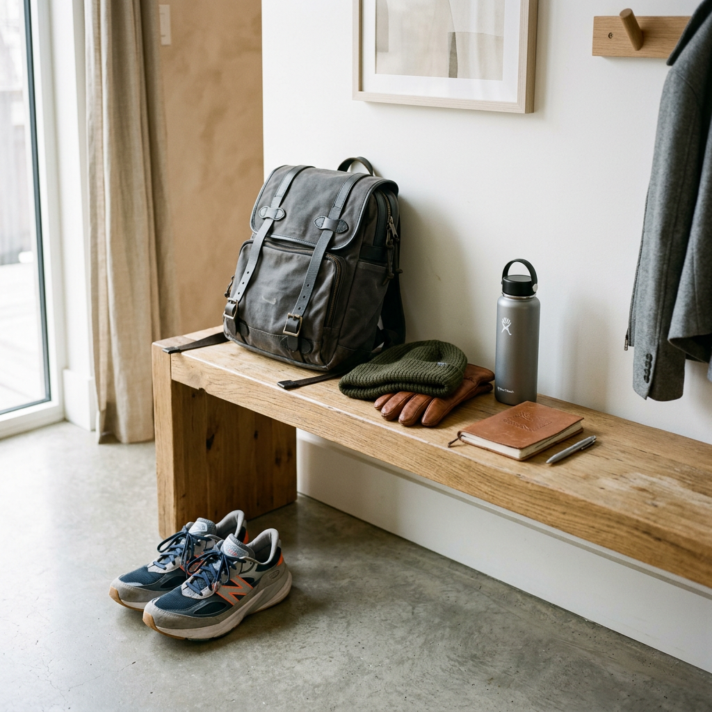 Backpack, shoes, gloves, water bottle, notebook, and coat arranged in an entryway