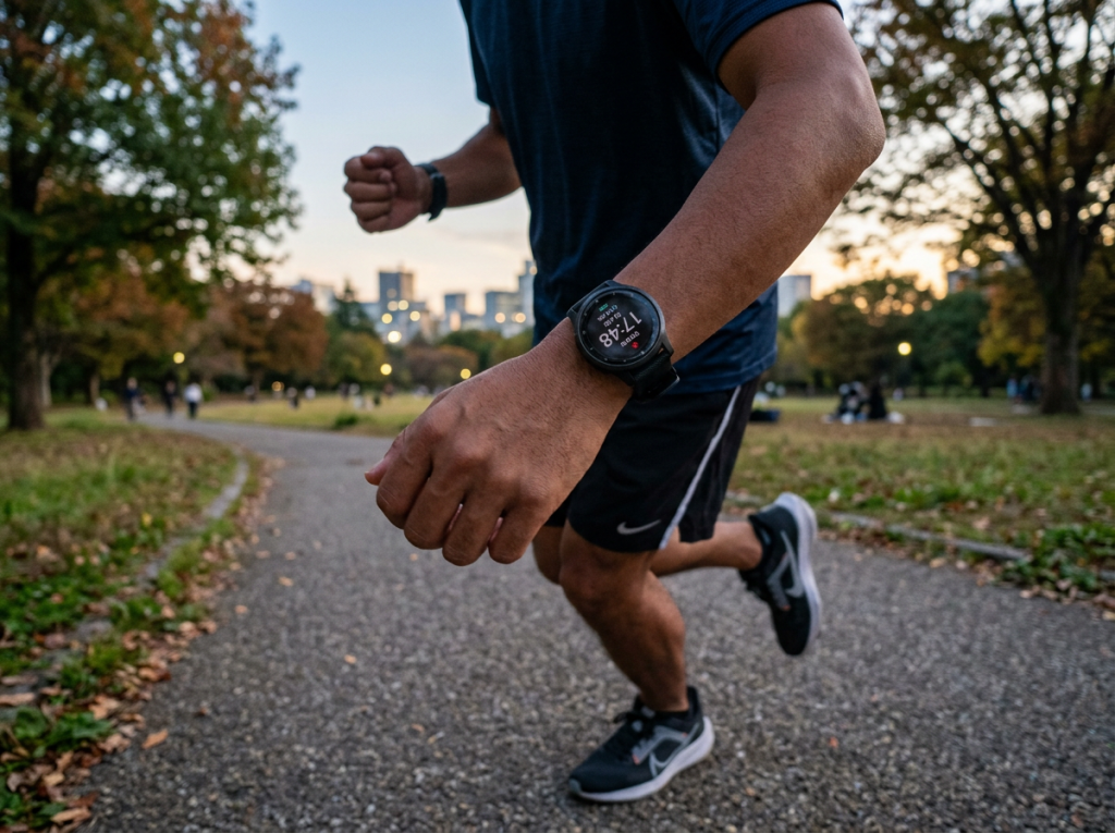 Runner wearing a GPS smartwatch while jogging through a city park