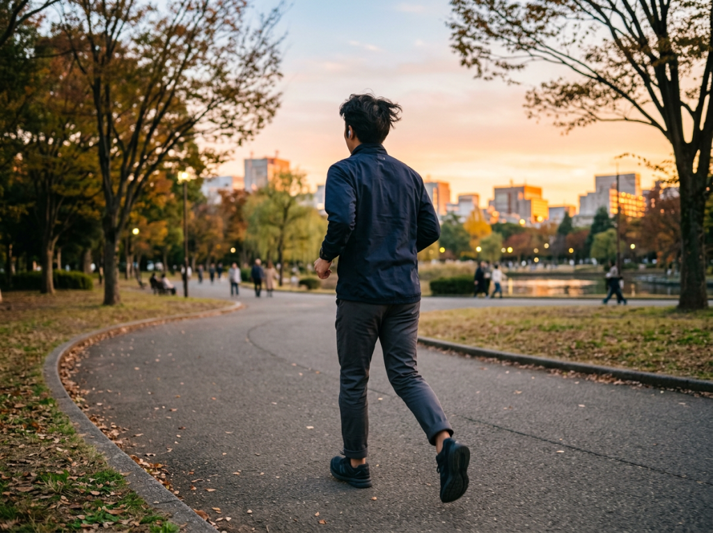 Runner jogging along a park path at sunset with city buildings beyond