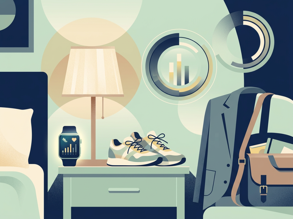 Smartwatch, running shoes, lamp, jacket, and work bag in a bedroom