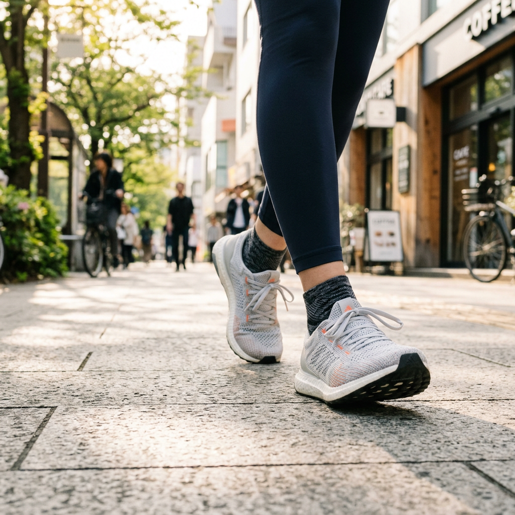 Running shoes on a clean city sidewalk